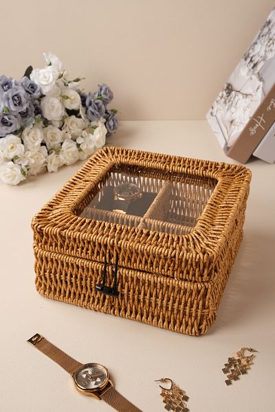 AVANTAGE HOME Mathilda - Rattan 4 Compartment Storage Box with Lid, Organizer, Organizer, Jewelry Box