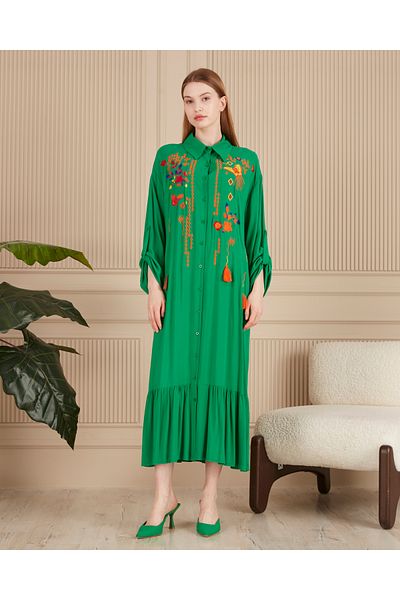 EL jadida Women's Embroidered Buttoned Plus Size Viscose Long Dress Green