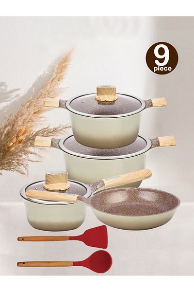 X SPRING طقم طهي مطبخ غير لاصق مطلي بالجرانيت، مكون من 9 قطع، خالٍ من حمض بيرفلورو الأوكتانويك، مناسب لجميع المواقد (بني)