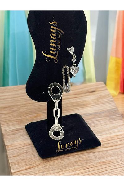 Lunays Jevelry Handcuff Zircon Stone 3-Piece Earring Set Silver Color