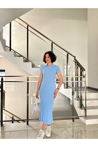 Sude Kızanlıklı Polo Neck Ribbed Knitwear Dress