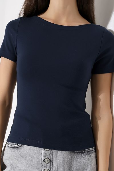 Endies Rib Fabric Boat Neck Short Sleeve Basic Women's T-Shirt 21996 Dark Blue