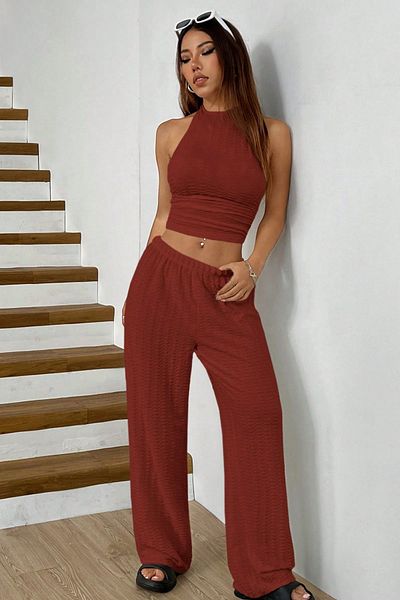 Trendseninle Bitter Brown Knitted Wrap Sleeveless Backless Waist Tight Blouse Pants Suit