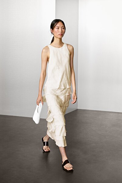 Massimo Dutti Fırfırlı uzun dökümlü elbise