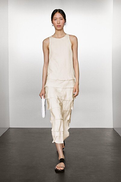 Massimo Dutti Fırfırlı uzun dökümlü elbise