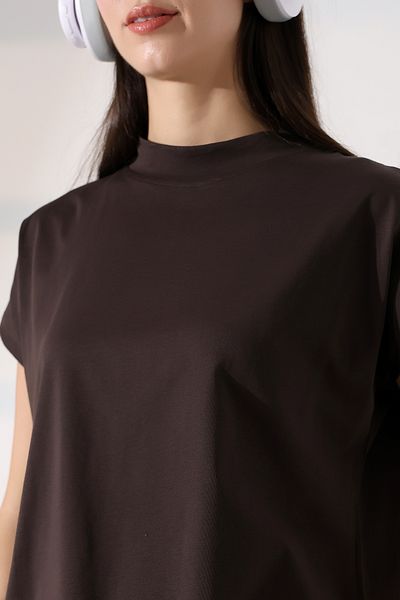 Endies Stand Collar Cotton T-Shirt 19588 Coffee