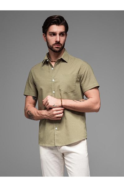 OMBRE Herren Kurzarmhemd aus Baumwolle und Leinen mit Tasche - oliv V6 OM-SHSS-0167 XL