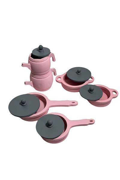 Özka Hobi Ahşap Ozka Hobby Pink Painted Wooden Toy Tencre and Pan Set
