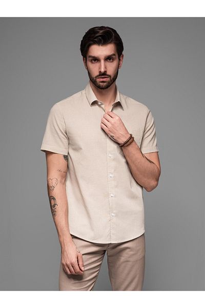 OMBRE Herren Kurzarmhemd aus Leinen-Baumwolle mit Tasche - beige V4 OM-SHSS-0167 XXL