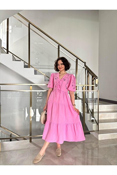 Sude Kızanlıklı Nakış Detaylı Müslin Elbise (beyaz ve krem renklerin içi astarlıdır)