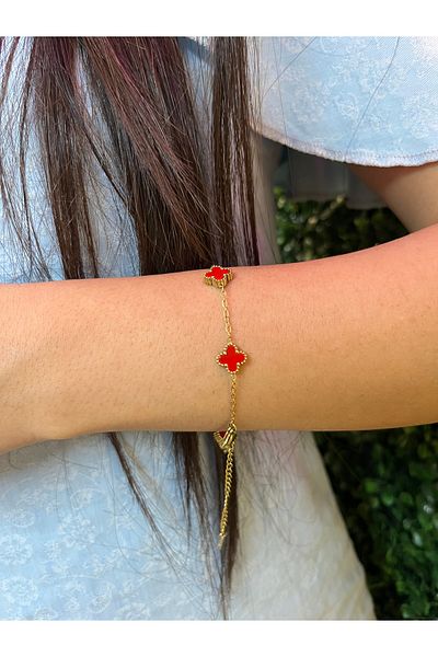 PONÇİK ACCESSORİES Steel Gold Color Model Double Sided Red Stone 5 Star Bracelet