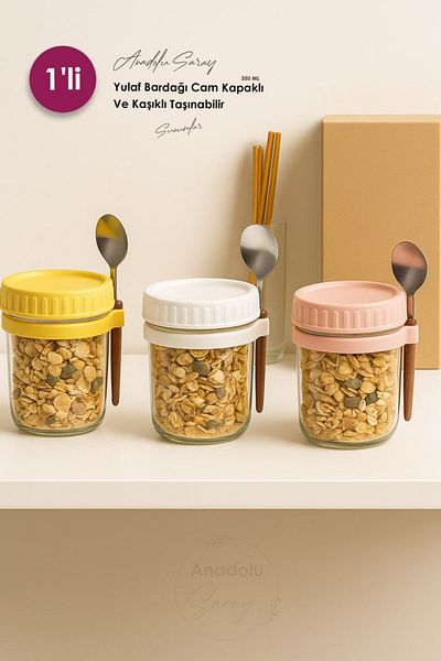 Anadolu Saray 350ml Glass Oatmeal Cup |   Portable Breakfast Yogurt Salad Cereal Jar with Lid and Spoon