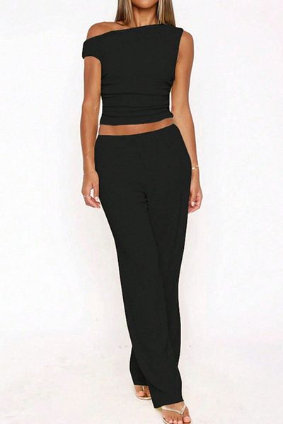 Trendseninle Black One Shoulder Detail Gathered Blouse Trousers Knitted Twist Suit