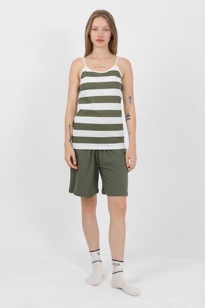 Akbeniz Women's Rope Strap Cotton Combed Shorts Set Khaki 3634