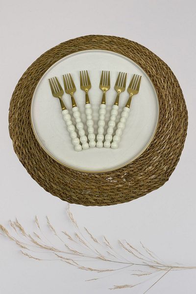 AKDAG HOME 6 Pieces White Plastic Pearl Stone Detailed Gold Sweet Cutlery Set |   6 Piece Luxury Sweet Cutlery Set