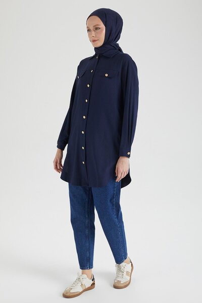 Armine TREND Cep Detaylı Düğmeli Tunik-Lacivert 25YT4145