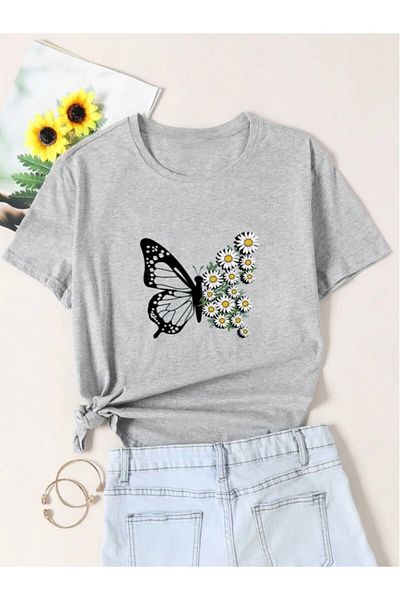 x-compass life Femei/Fete Wide Cut Oversize Thsort Butterfly Daisy Printed