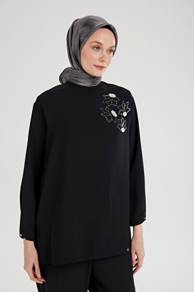 Armine TREND ARMİNE TREND Kolları Düğmeli Taş Desenli Tunik-Siyah 25YT443