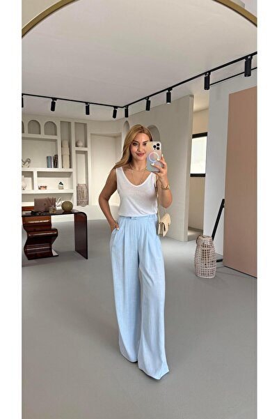 Sezgi Tekin Бел Ластіклі Пілісе Детай Бебе Маві Кетен Палаццо Пантолон