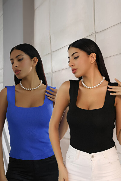 ALCHON Βασικό καλοκαιρινό πλεκτό μπλουζάκι με λαιμόκοψη U με χοντρό λουράκι