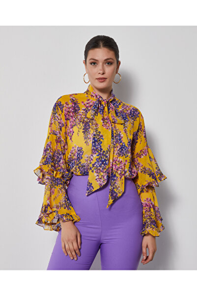 SERPİL Çiçek Desenli Kadın Gömlek - Fular Yaka - Kat Kat Kol Tasarımlı Gömlek