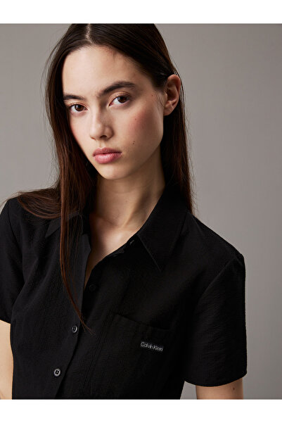 Calvin Klein Women Black Seersucker Button-Through Dress