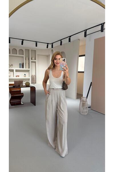 Sezgi Tekin Pantaloni palazzo din in, cu talie elastică, cu detaliu plisat