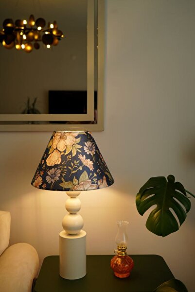retro home design Üç Top Krem Ayaklı Lacivert Çiçek Kadife Kumaş Şapkalı Dekoratif Yatak Odası Salon Abajur