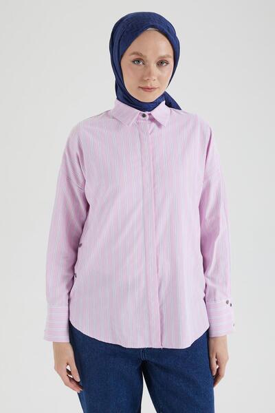 Armine TREND Armi̇ne Trend Shirt Collar Buttoned Side Snap Detail Tunic-Pink 25Yt4103