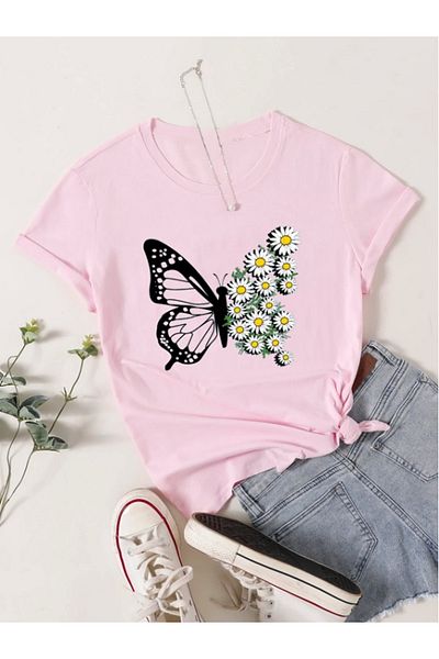 x-compass life Femei/Fete Wide Cut Oversize Thsort Butterfly Daisy Printed