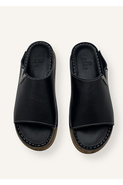 N Napa Shoe Black Color Orthopedic Sole V Buckle Genuine Leather Women's Slippers