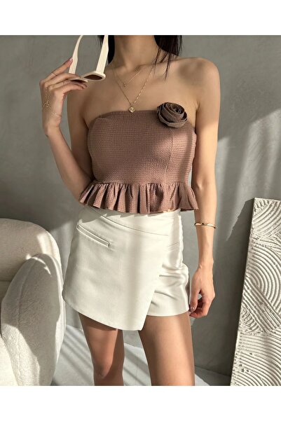 ELLA Ruffled Crop Blouse with Rose Detail on the Collar