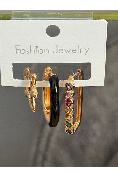 Lunays Jevelry Crazy Girl Model Colorful Zircon Stone 3-Piece Women's Earring Set Gold Color Earrings
