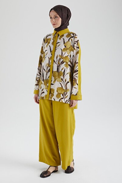 Armine Trend Shirt Collar Floral Patterned Trousers Double Set-Oil Green 25Yt676