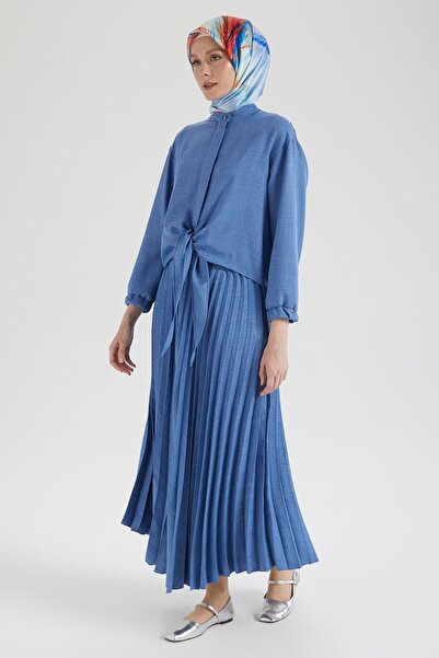 Armine TREND Armi̇ne Trend Pleated Skirt with Elastic Sleeves and Ribbon Detail at the Waist Double Suit-Blue 25Yt656