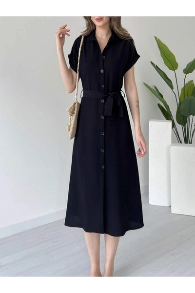 MİRVE BUTİK Linen, Buttoned Midi Dress
