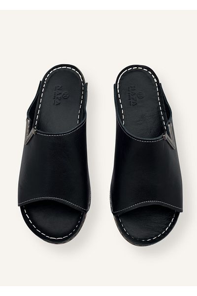 N Napa Shoe Black Color Orthopedic Sole V Buckle Medium Heel Genuine Leather Women's Slippers