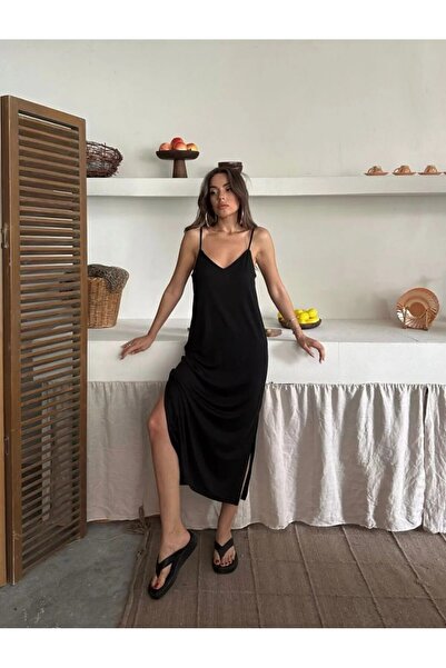 fatma keskin linna butik Kadın Midi İp Askılı Dar Kalıp Elbise Siyah
