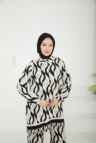 Armine TREND Armi̇ne Trend Shirt Collar Skirt Elastic Waist Double Suit-Black - White-25Yt601