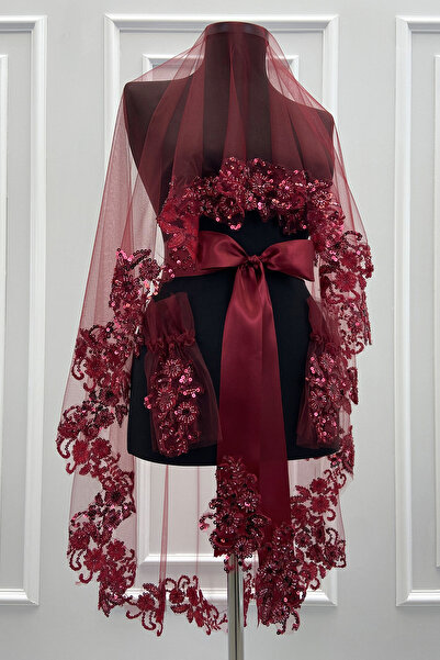 ZEYMERADE Bordo Vip Gelin Duvak Seti, Çiçek Güpürlü Cam Boncuk Inci Dikişli Kına Duvağı Örtüsü Seti 6 Parça