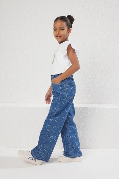 ASL GOLF CLUB COPIE - Pantaloni de blugi cu picioare largi, 100% bumbac, cu model de inimă, pentru fete, denim 3-14 ANI