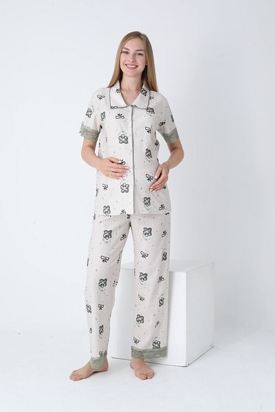 Miss Dünya Lissa Baby Collar Front Button Short Sleeve Printed Maternity and Maternity Pajama Set