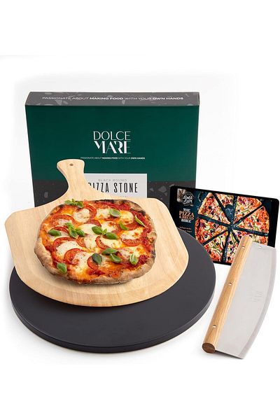 Dolce Mare Set de piatră rotundă de copt, lopată de lemn și cuțit de pizza, diametru 33 cm, grosime 1,5 cm
