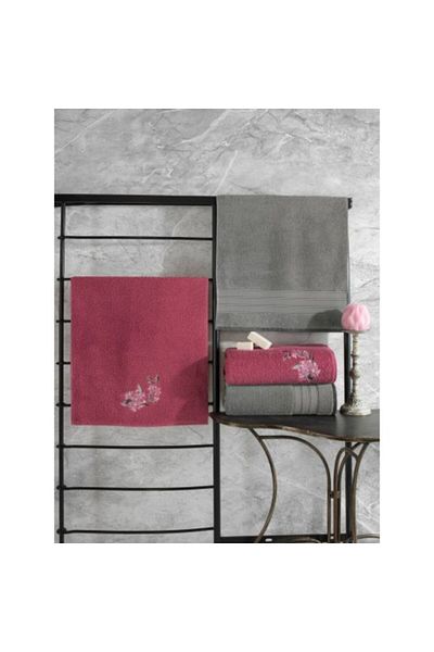 Cotton Box Gift set of 4 100% cotton towels with embroidery, Colorful Grey/Pink