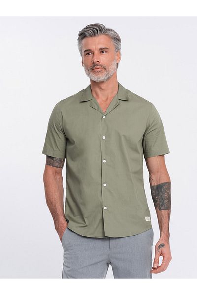 OMBRE Herren Kurzarmhemd mit kubanischem Kragen - khaki V4 OM-SHSS-0168 XXL
