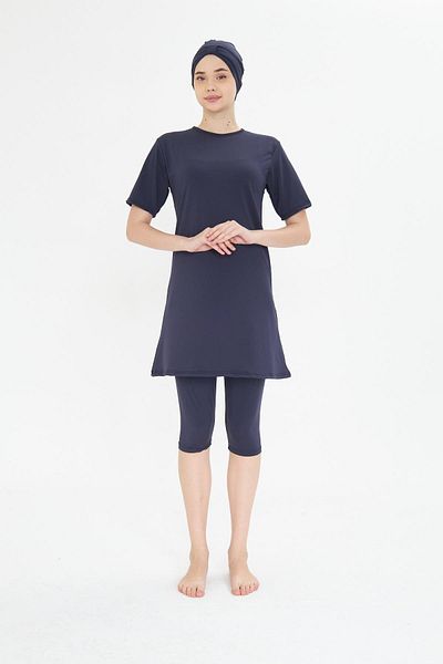 Fantasy Plus Size Short Sleeve Lycra Semi-Covered Hijab Swimsuit Navy Blue 3484B-L