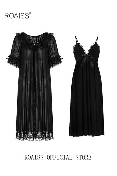 ROAISS 2 Piece Set Night Skirt Solid Women's Lace Pajamas with Pad V-Neck Sling Mesh Sweet Court Retro Nigh