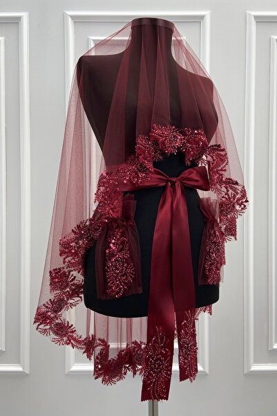 ZEYMERADE مجموعة ستارة العروس Vip باللون الأحمر الداكن، مجموعة ستارة هينا مطرزة بالخرز الزجاجي الفاخر ومطرزة باللؤلؤ مكونة من 6 قطع