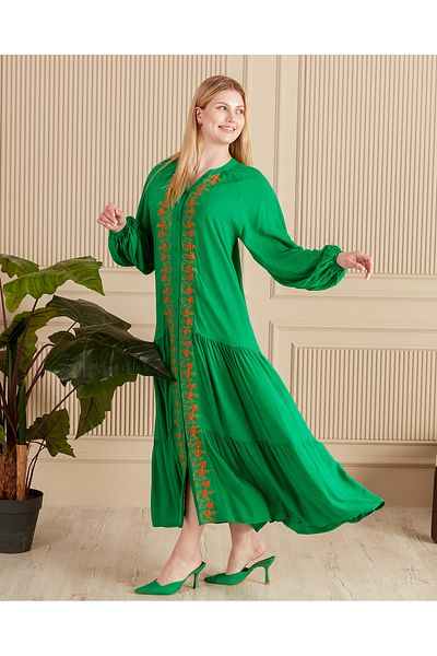EL jadida Women's Embroidered Buttoned Plus Size Viscose Long Dress Green