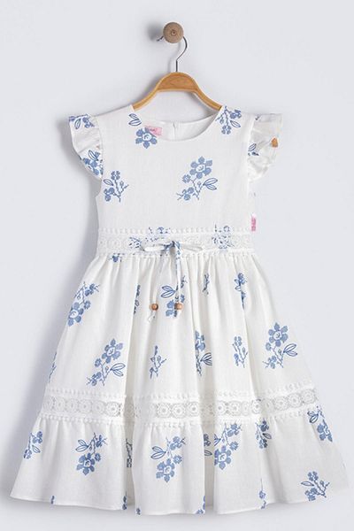 Tivido 100% Cotton Şile Cloth Floral Girl's Dress - Blue